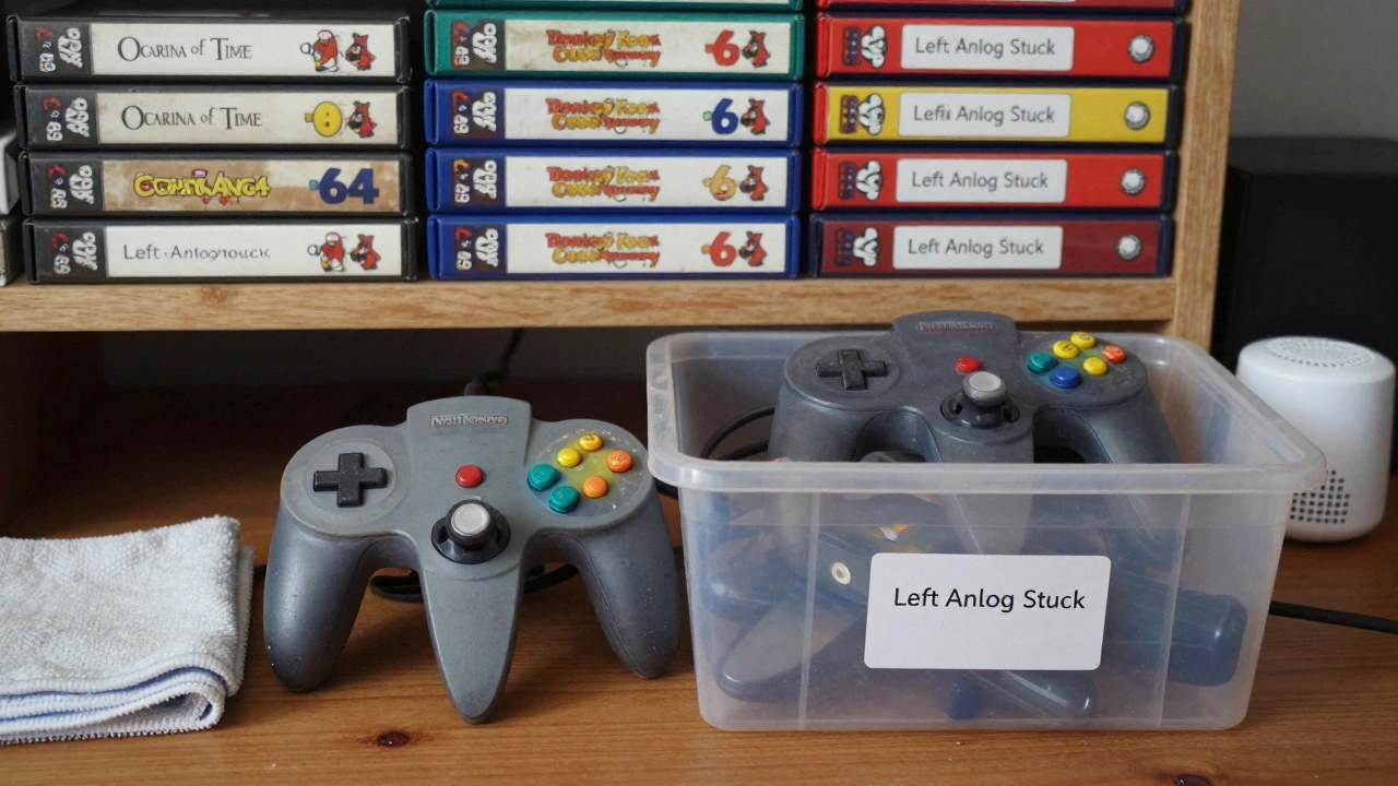A labeled plastic bin of retro game controllers beside neatly stacked game boxes on a wooden shelf.
