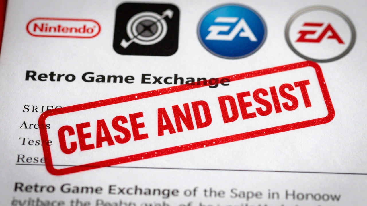 A legal cease-and-desist notice covering a generic game exchange flyer with blurred publisher logos.