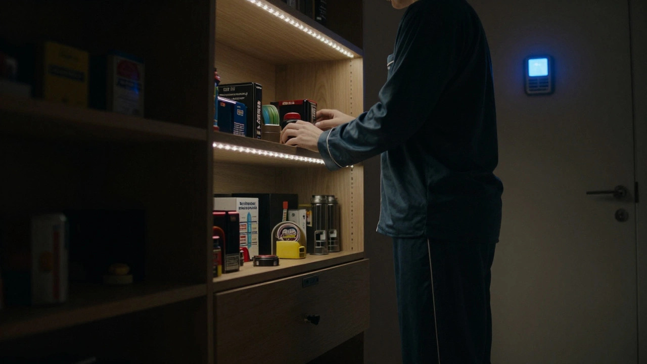 A lone person in pajamas reaching for a game at night, illuminated by motion-sensor lights in a secure game room.