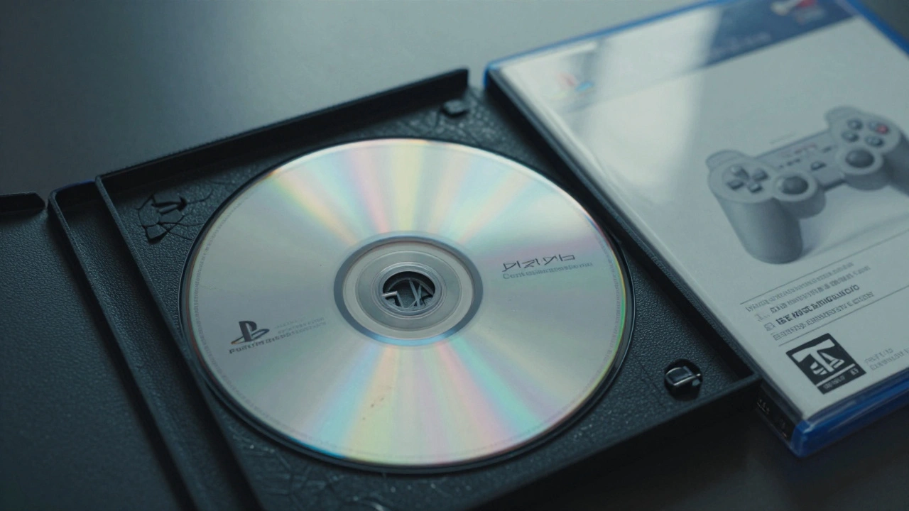 A scratched PlayStation 2 disc beside its original box and manual, highlighting collectible packaging.