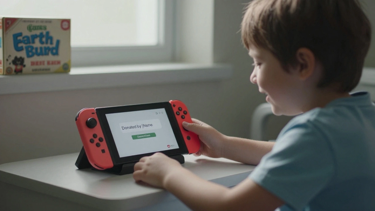 Child playing Nintendo Switch in hospital room, with EarthBound game box visible on shelf beside them.