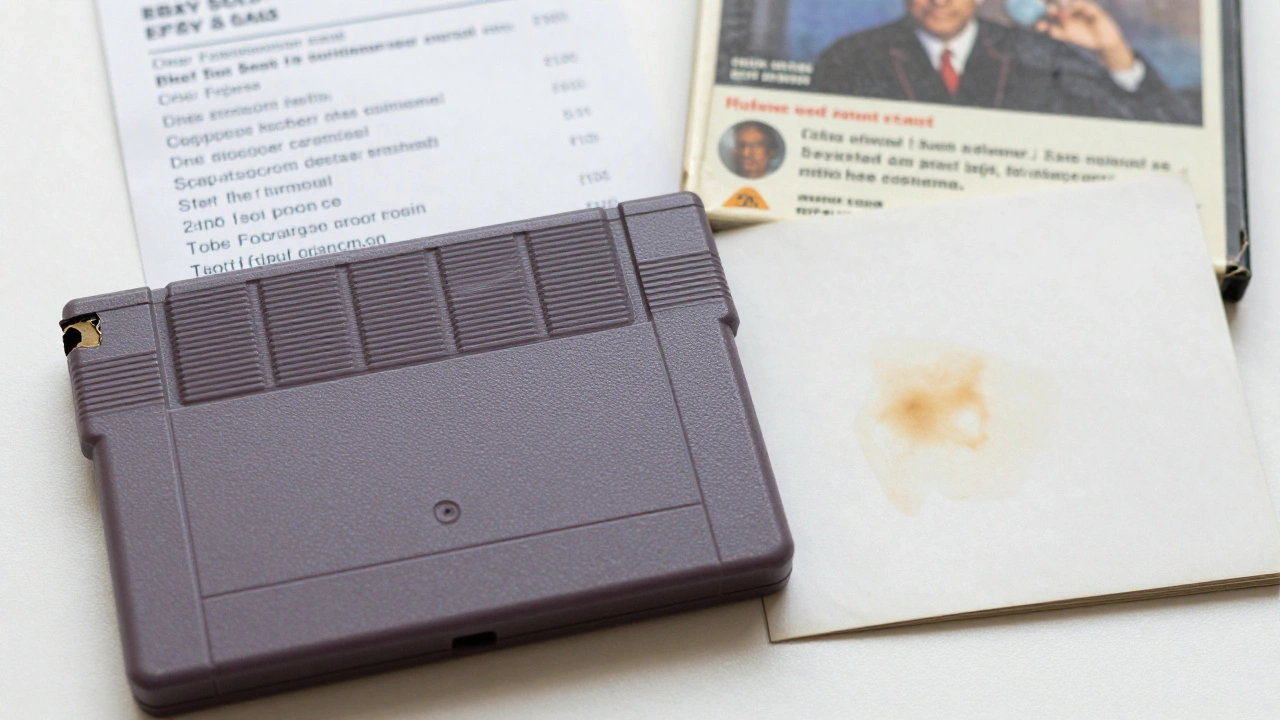 Close-up of a vintage game cartridge and box with visible damage, alongside a stained manual and printed sales records.