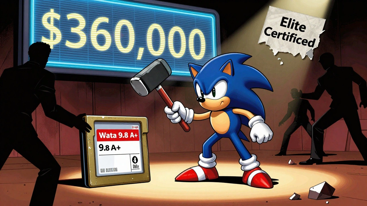 Comic book style auction scene with a Wata-graded Sonic cartridge selling for 0,000 as fake grading labels are destroyed.