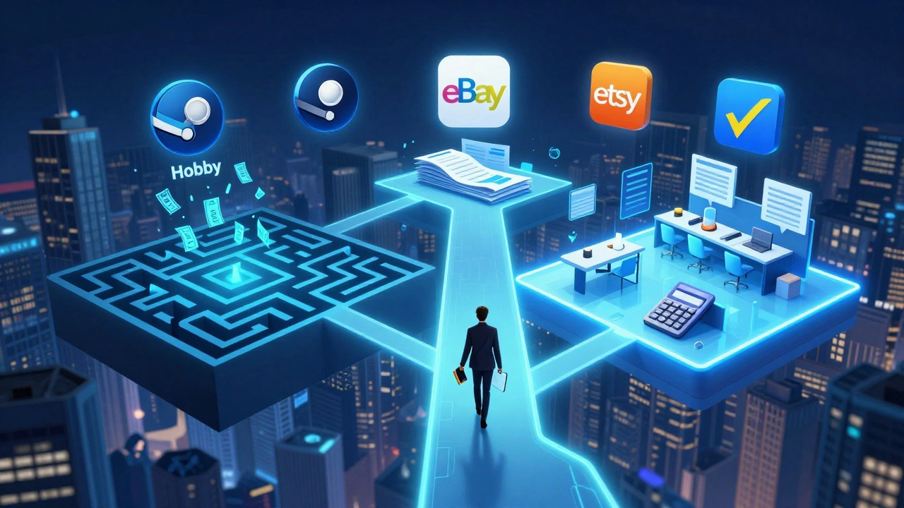 Digital marketplace with two paths: one chaotic with tax bills, the other organized with receipts and a checkmark.