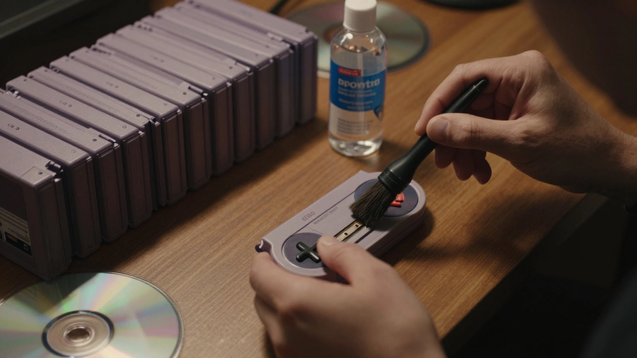 Hands cleaning cartridge contacts with a brush and alcohol, surrounded by stacked game cartridges.
