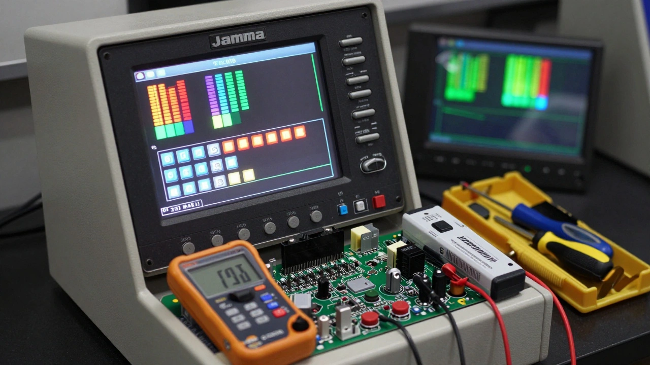 Jamma test box showing diagnostic menu connected to an arcade PCB.