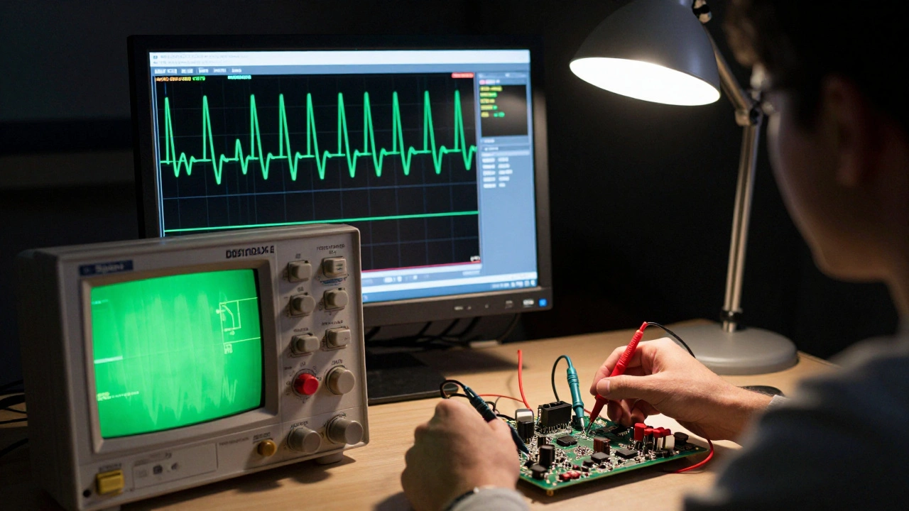Oscilloscope displaying clean video signal waves on an SNES circuit board.