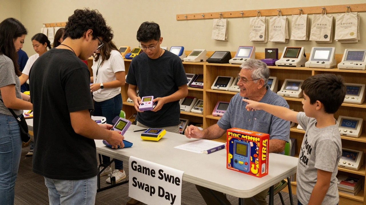 People of different ages exchanging retro video games at a community swap event in a library.