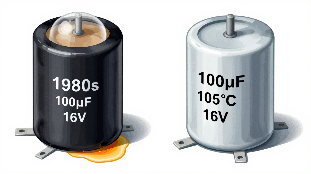 Side-by-side visual comparison of a damaged electrolytic capacitor and a new replacement unit on a circuit board.