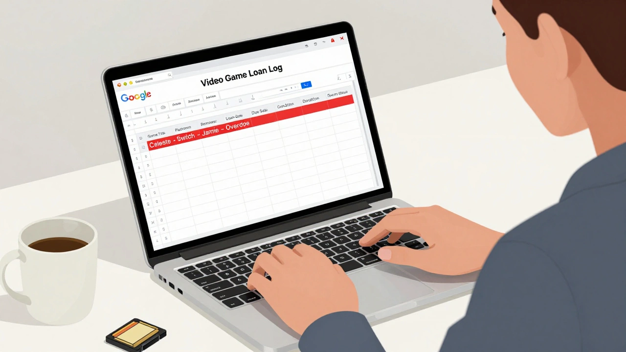 Someone viewing a Google Sheets loan register on a laptop, with an overdue game highlighted in red.