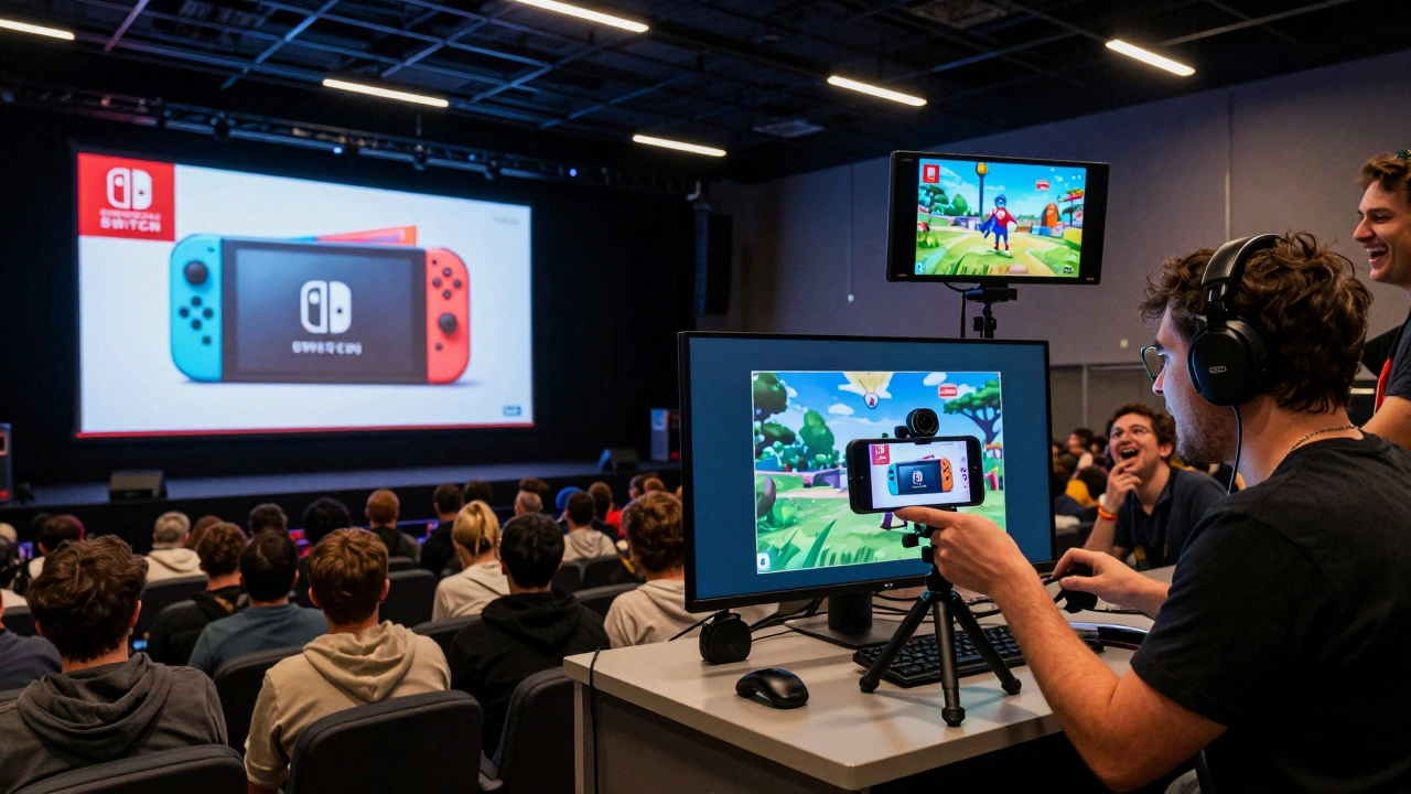 Split-screen showing an official game reveal on a big screen and a small YouTuber streaming live with fans nearby.