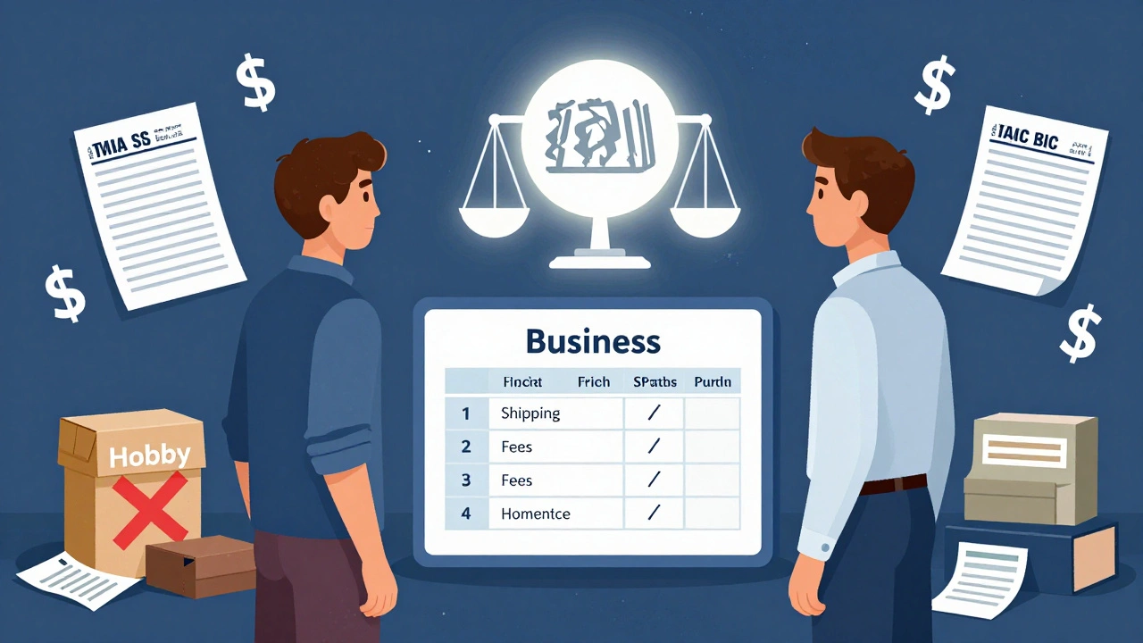 Two contrasting figures representing hobby and business sellers, with tax documents and a scale symbolizing IRS classification.