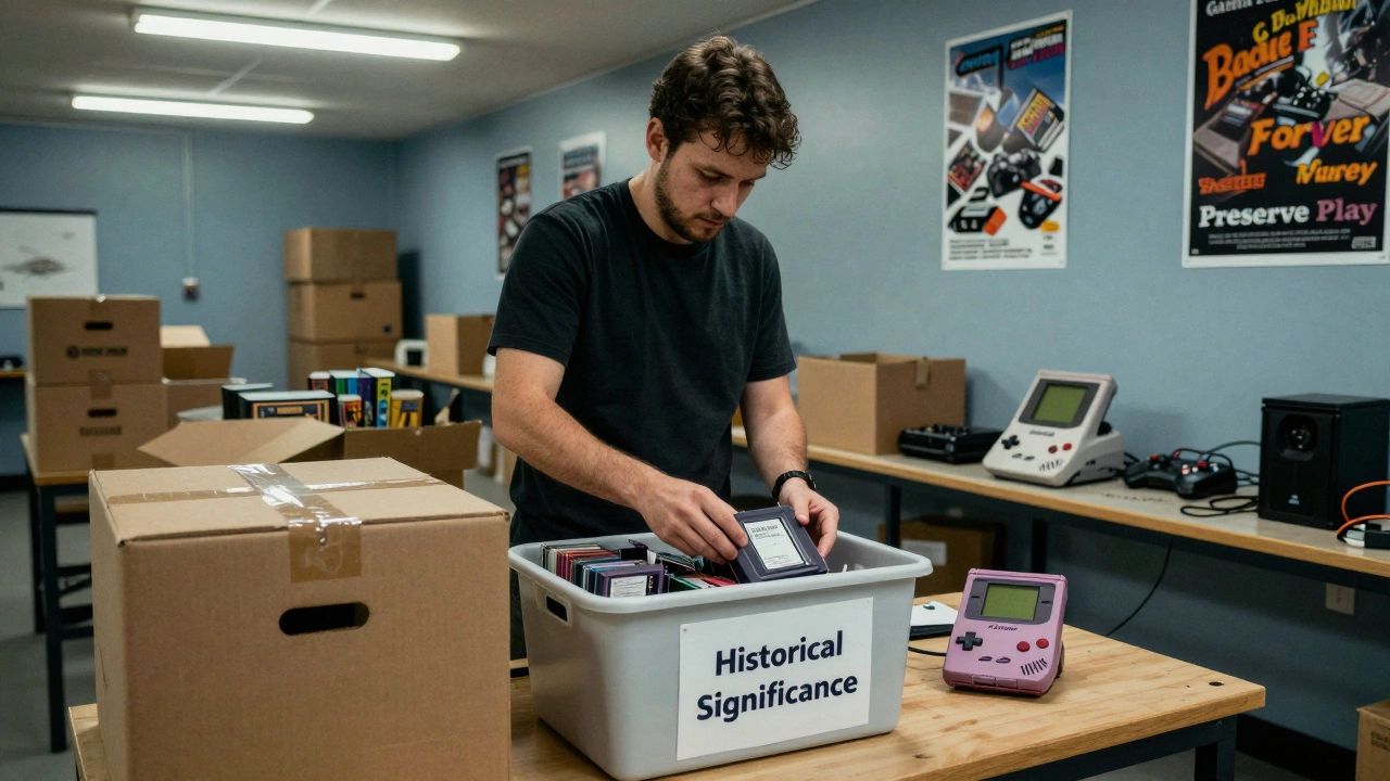 Volunteer sorting retro games and controllers in a donation center, with repaired Game Boy on workbench.