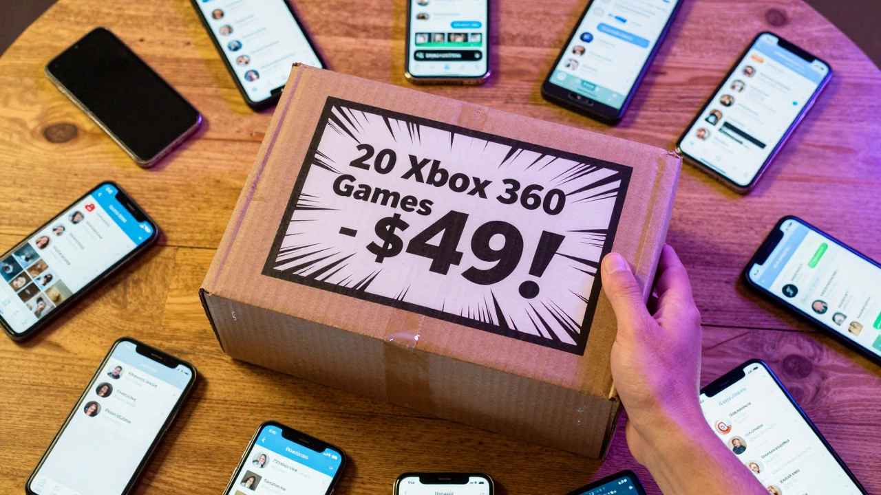 A box of 20 Xbox 360 games being auctioned live on Whatnot, with smartphone screens showing real-time bids from around the world.