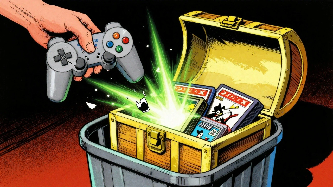 A broken PlayStation 1 being thrown into a recycling bin that turns into a treasure chest of sealed retro games.