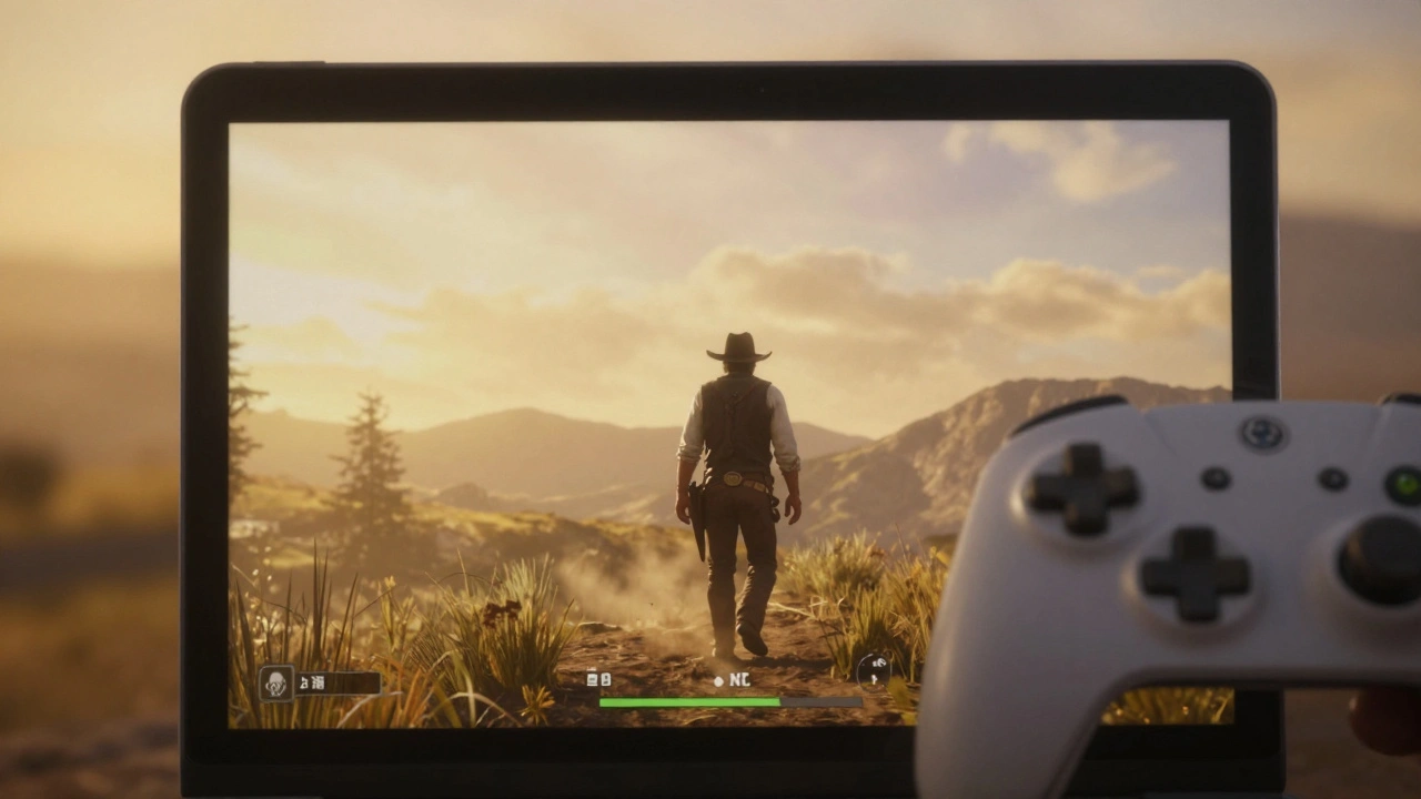 A cinematic in-game photo from Red Dead Redemption 2 at sunset, capturing a lone cowboy on a hill with blurred mountains.