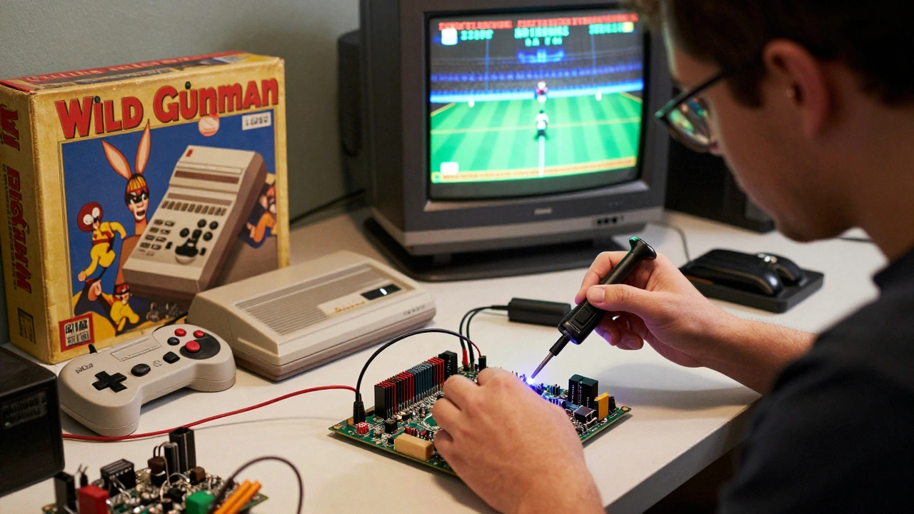 A collector soldering a light gun adapter onto an FPGA device in a retro gaming workshop.