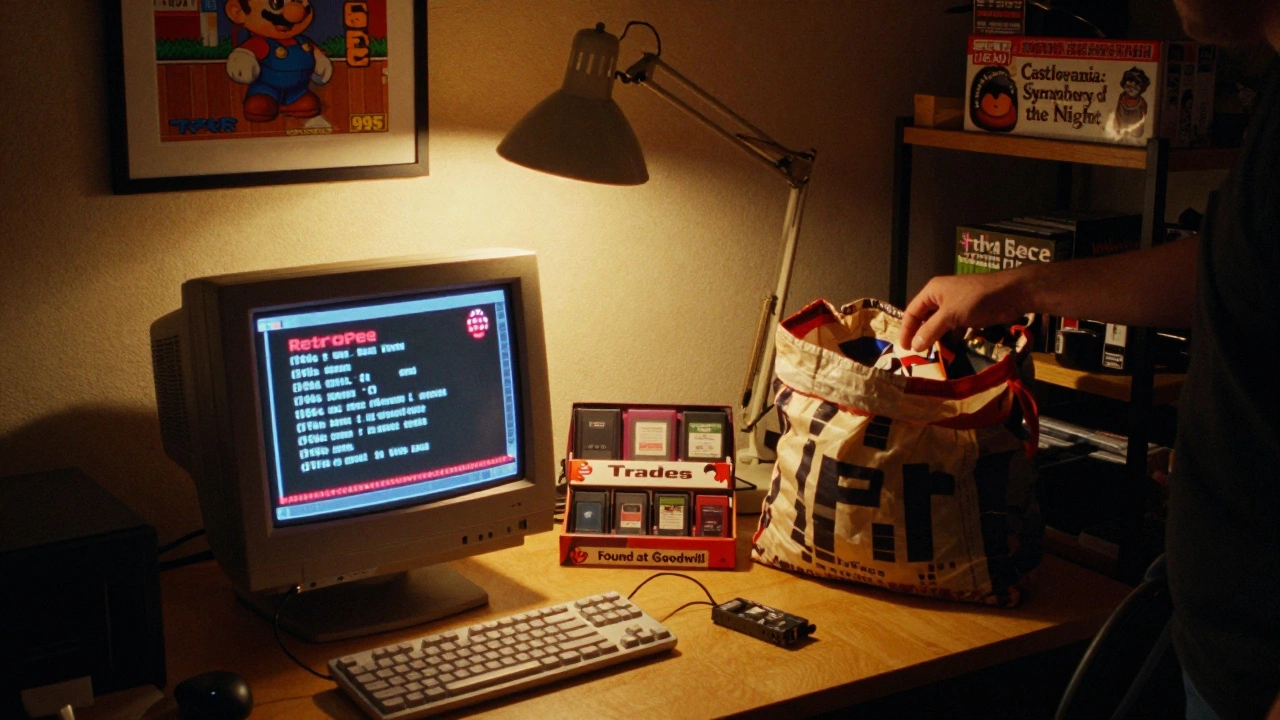 A collector uses RetroPie on a CRT monitor, surrounded by thrift store finds and Japanese game boxes.