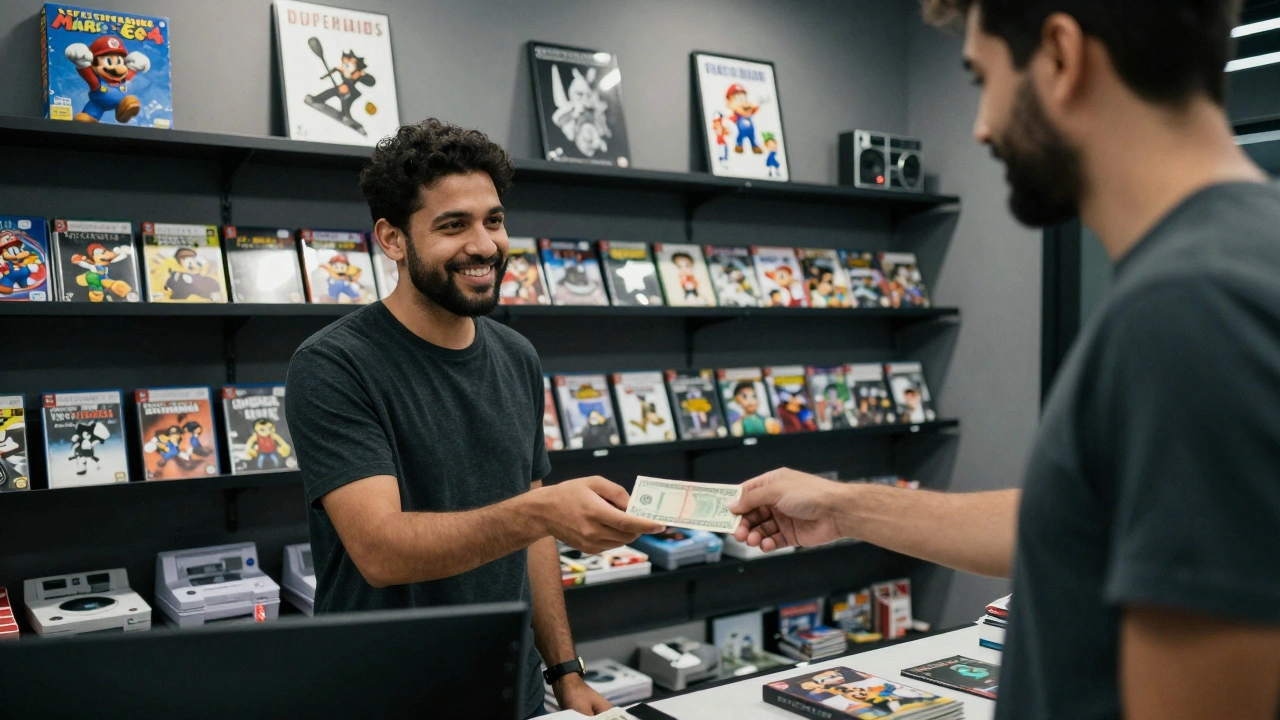 A customer receiving cash from a game store clerk after selling a large collection of games, consoles, and accessories.