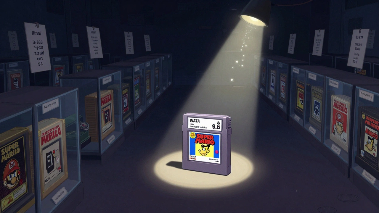 A dark auction room with vintage games under glass, spotlighted by a sealed Super Mario Bros. cartridge with a high WATA grade and floating price tags.