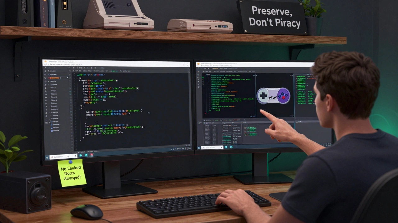 A developer reviewing open-source emulator code on dual monitors with hardware schematics visible.