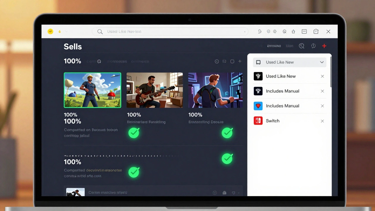 A digital seller dashboard showing game listings with completed item specifics highlighted in green.