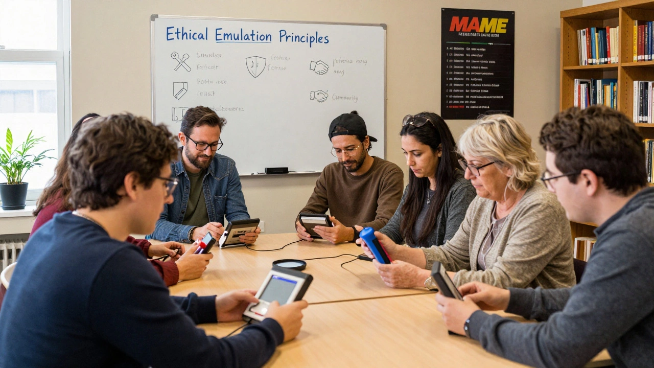 A diverse group of people dumping retro game cartridges together in a community setting.