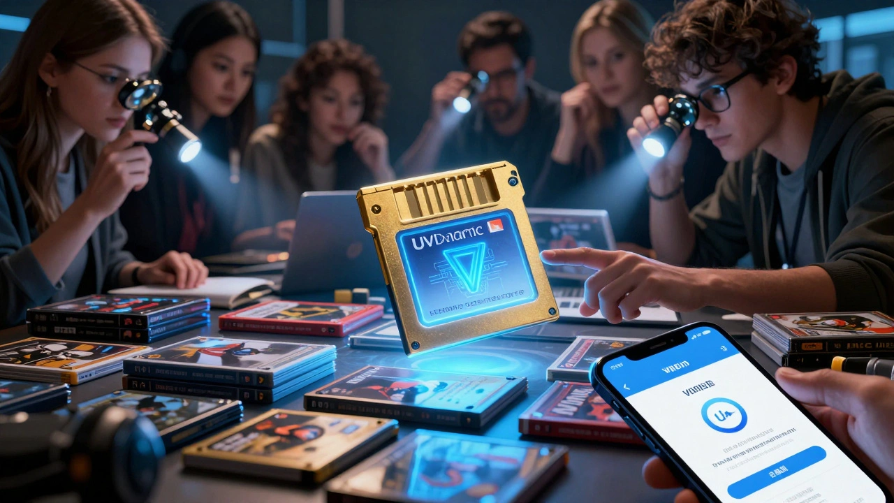 A glowing game cartridge with UV watermark above a convention table, smartphone displaying blockchain verification.