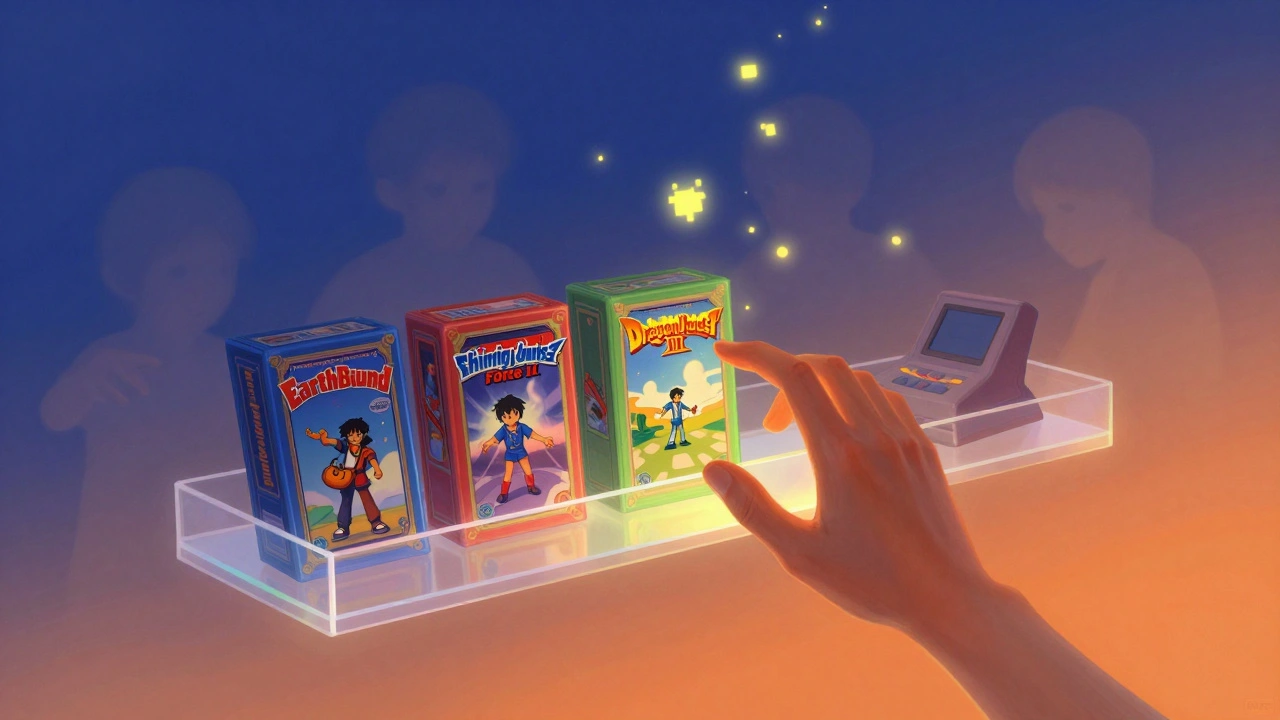 A hand reaches through floating retro game boxes, with ghostly childhood play silhouettes and glowing pixels in the background.