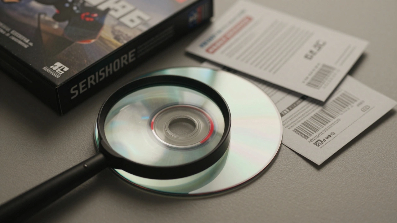 A magnified view of a scratched game disc alongside its box, manual, and DLC code slip.