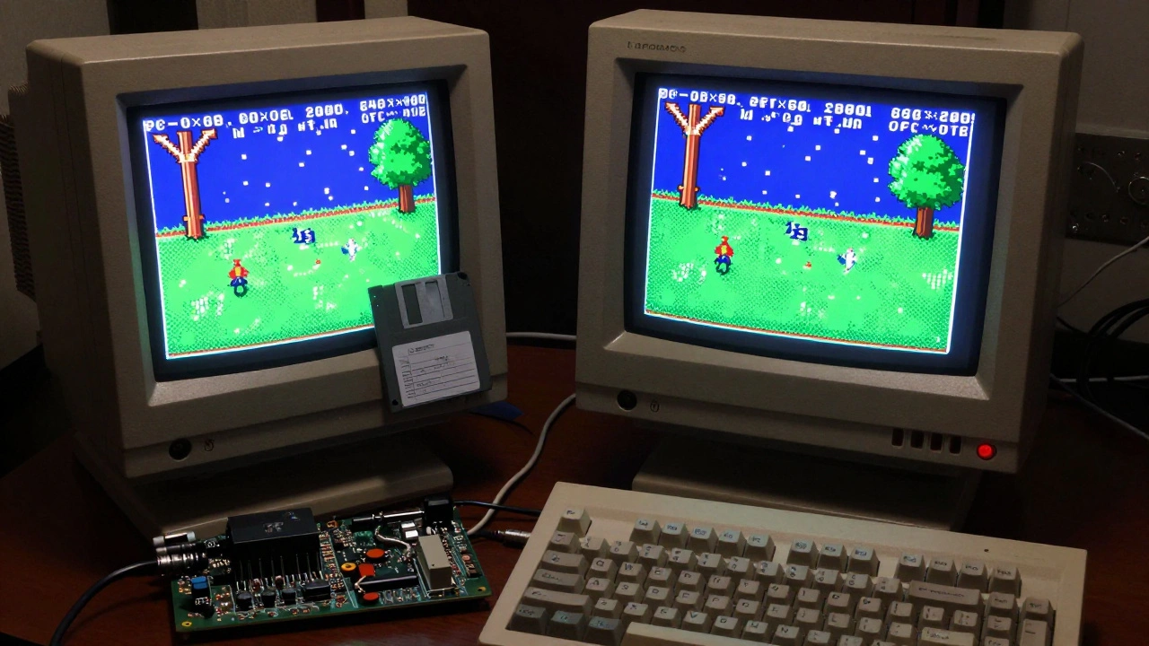 A PC-9801 computer displaying Ys I pixel art, with a floppy disk inserted and vintage keyboard nearby.