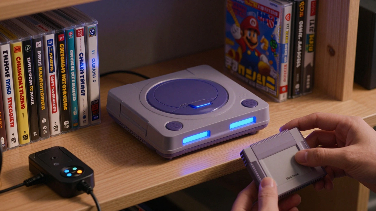 A Super Famicom console with sealed Japanese game cartridges and modern upscaler equipment on a shelf.