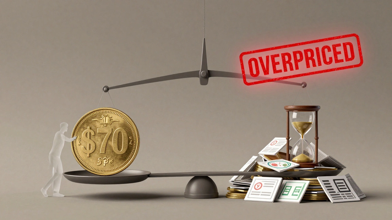 A symbolic scale balancing high game price against hours of playtime and updates, with player silhouettes tipping the balance.