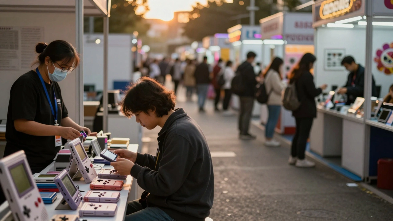 A visitor examining handmade retro gaming gear at a quiet indie booth while crowds gather at distant flashy corporate stands.