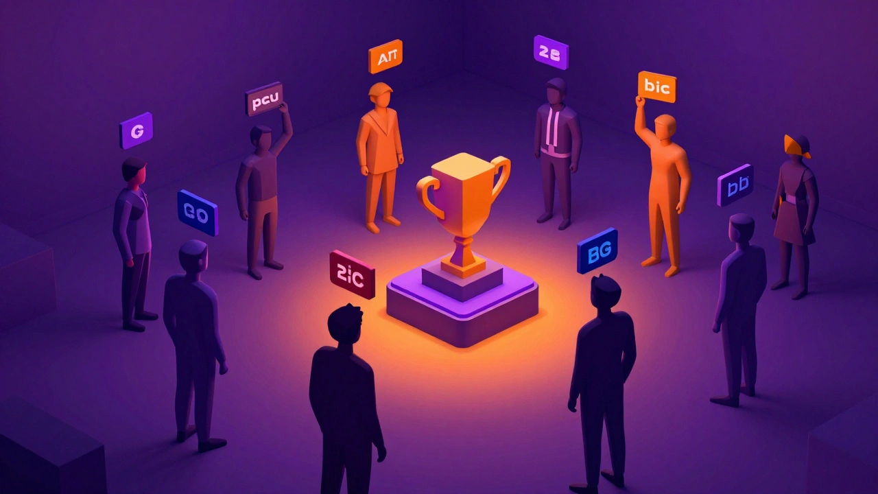 Abstract auction hall with colorful floating bid tokens and silhouettes