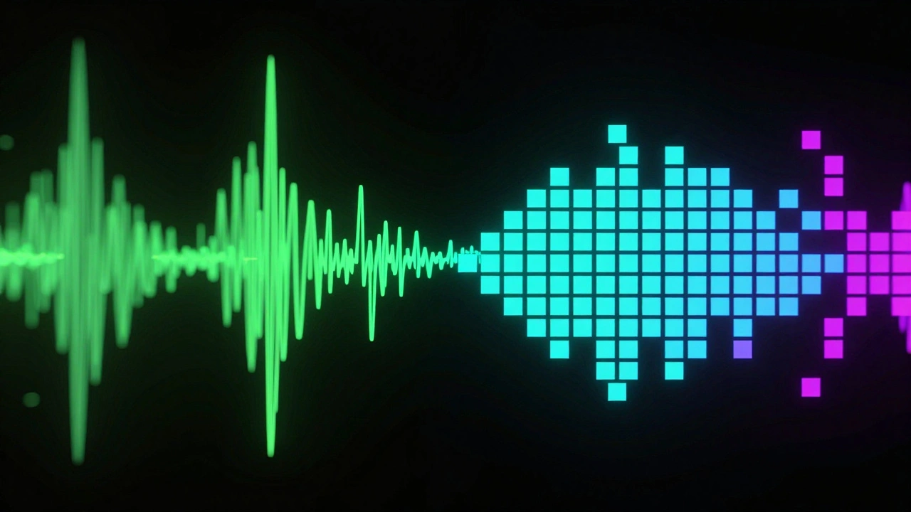 Abstract glowing waves turning into digital pixel grid