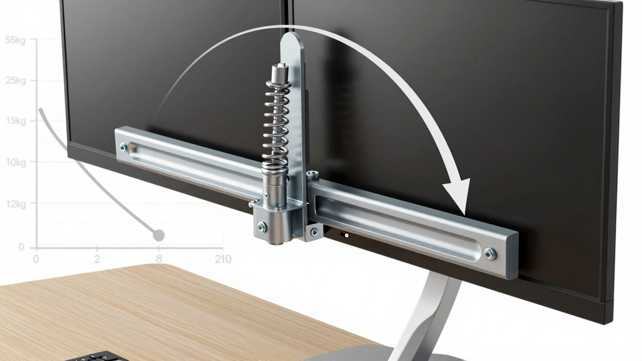 Close-up of a steel monitor mount with torque visualization showing leverage effect at extended position.