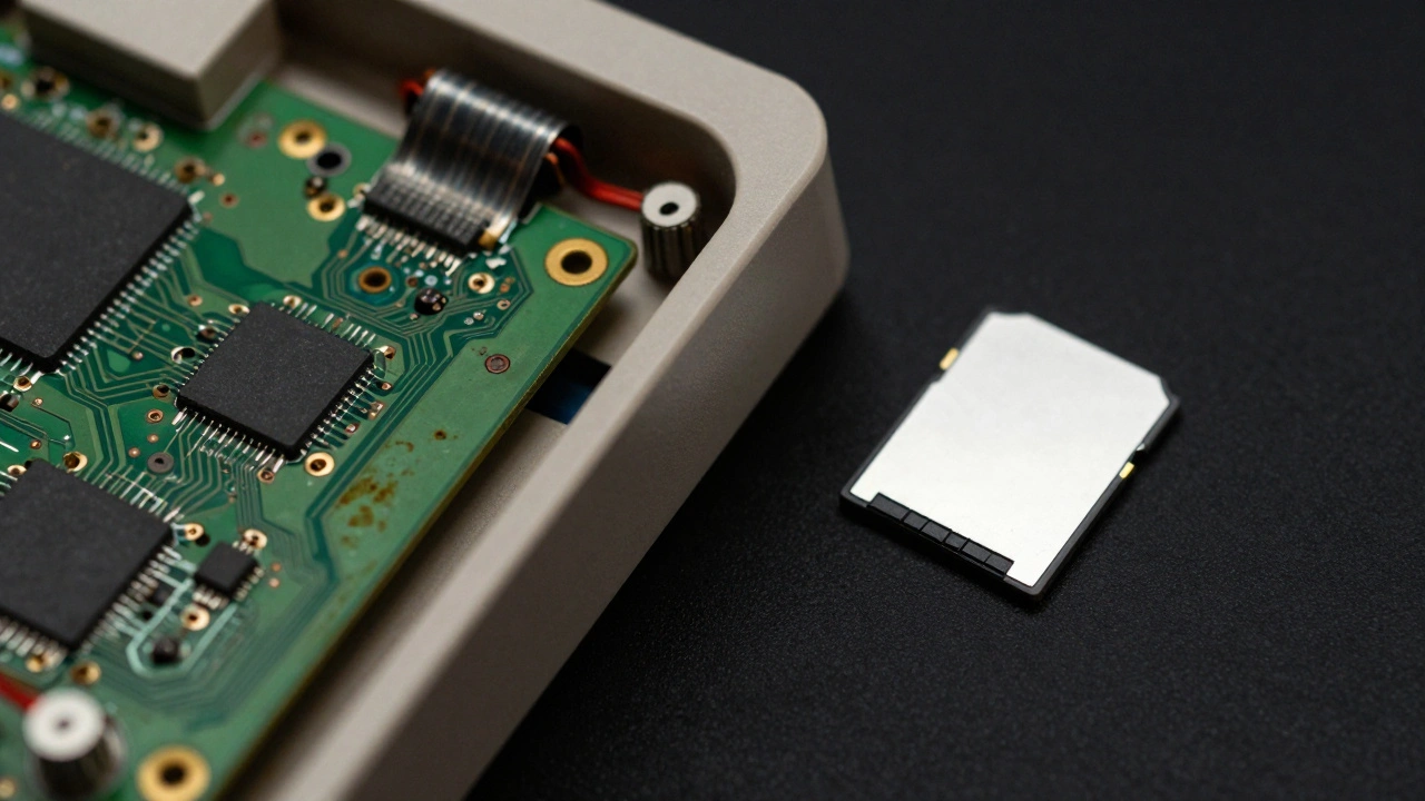 Corroded circuit board next to a pristine memory card showing hardware aging.