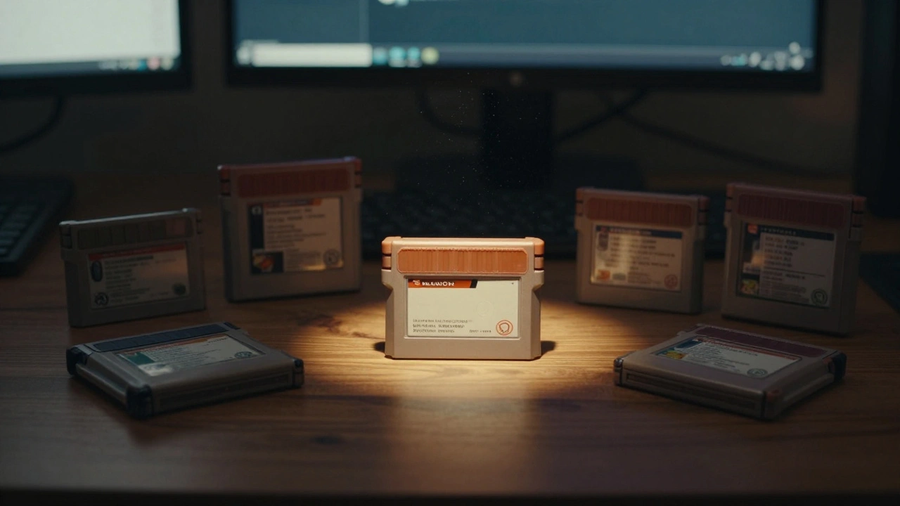 Desk with collection of game cartridges under warm lamp light.