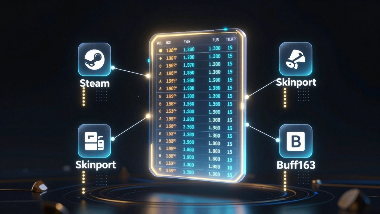 Digital ledger with platform icons emitting data streams, symbolizing tracked trades and price trends in a dark environment.