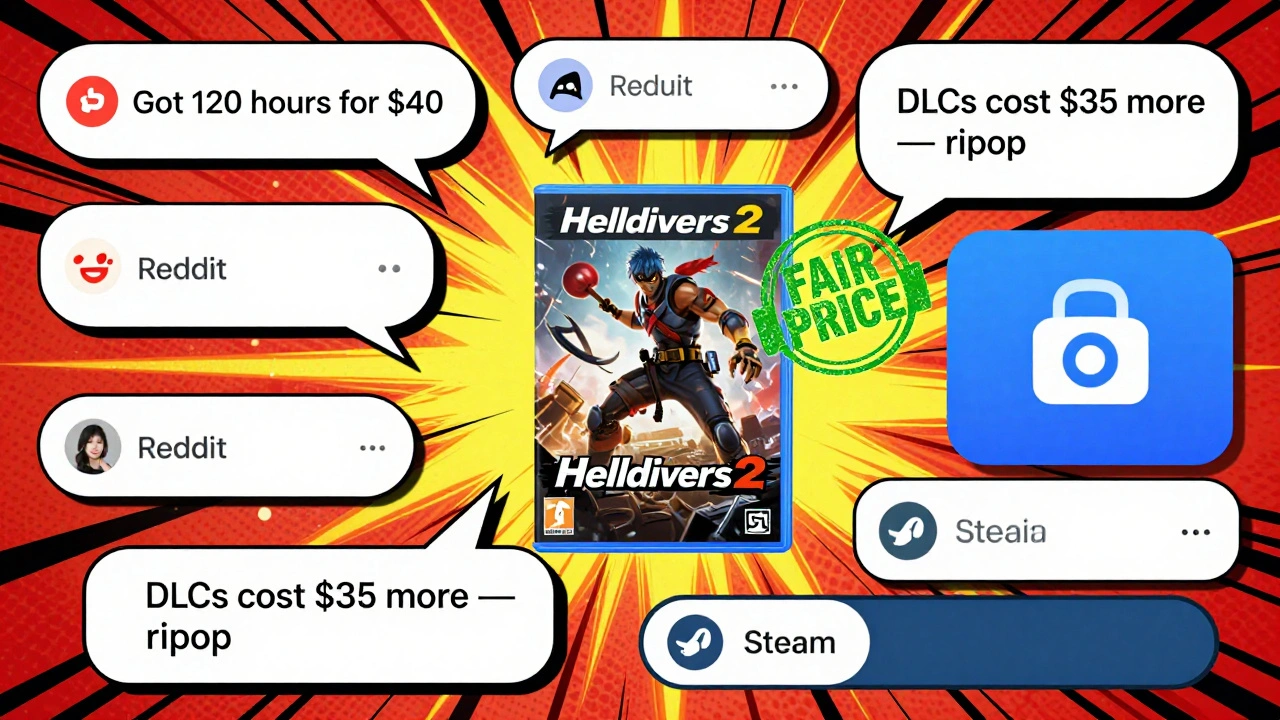 Floating community comments from forums and Discord debating whether a game's price is fair, with a central game case.