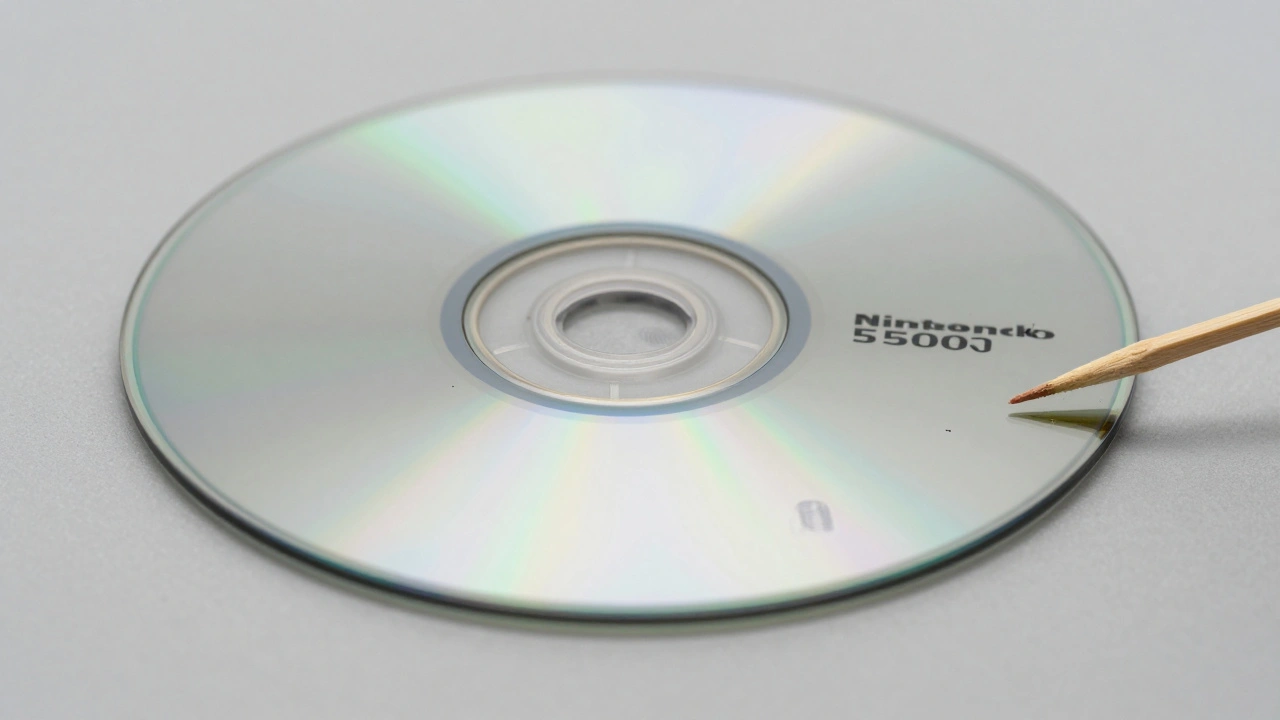 GameCube disc at 45-degree angle showing scratches and fingerprint under soft lighting.