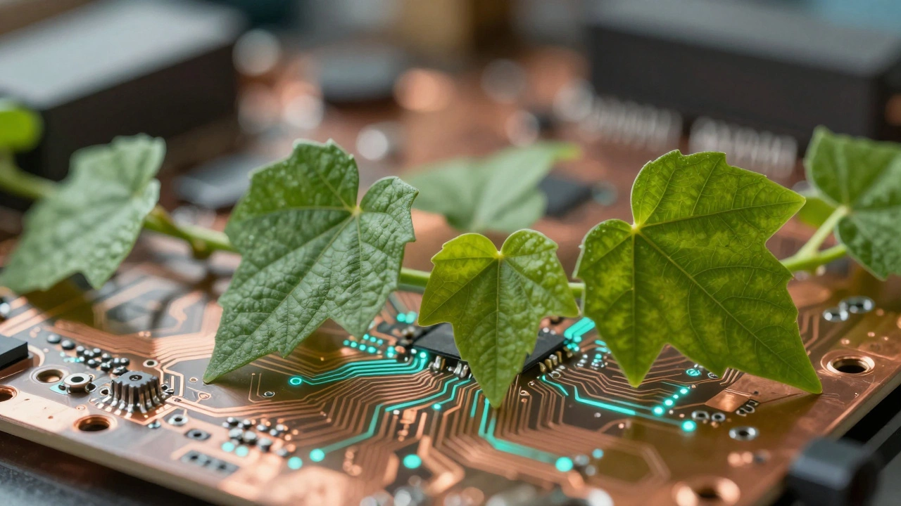 Green plant vines growing from a glowing electronic circuit board