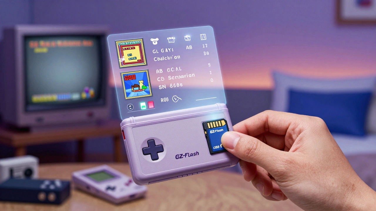 Hand inserting microSD card into flash cart, with floating GBA game thumbnails and save state icons emerging as holograms.