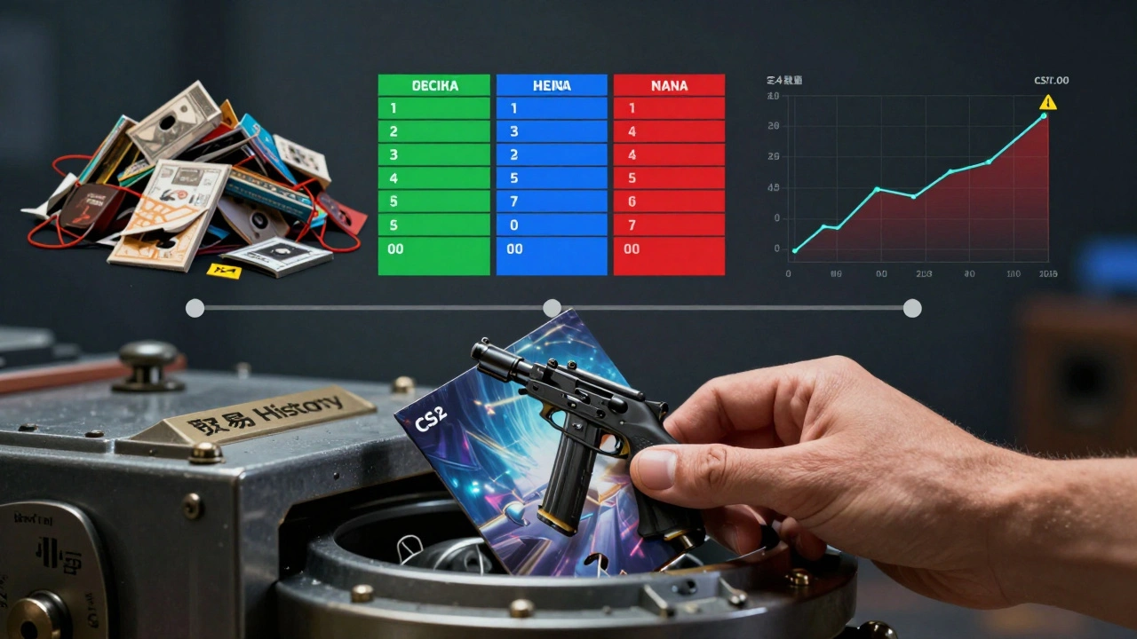Hand placing a rare game skin into a vault labeled 'Trade History', with a timeline showing organized log progression.
