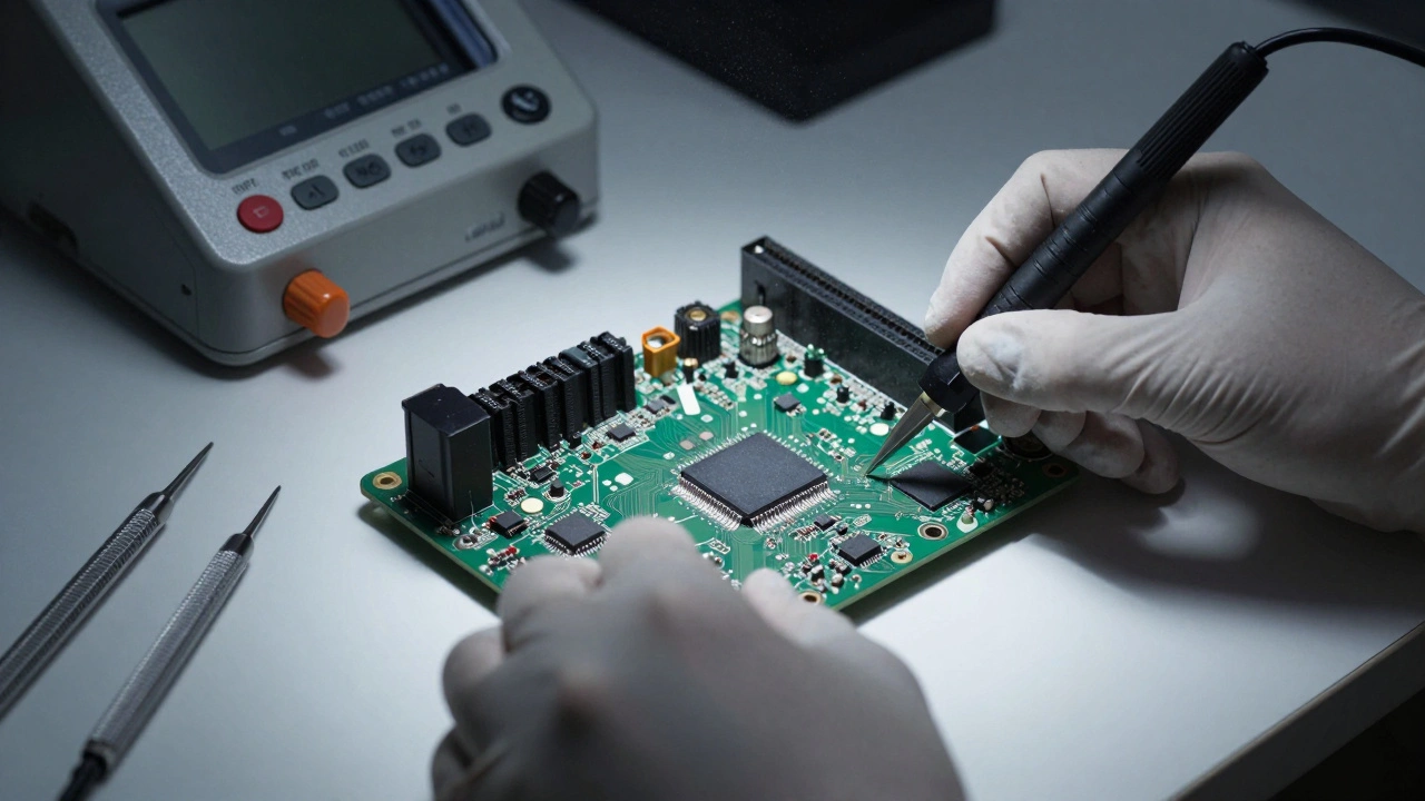 Hands in anti-static gloves handling a computer chip near preservation tools.