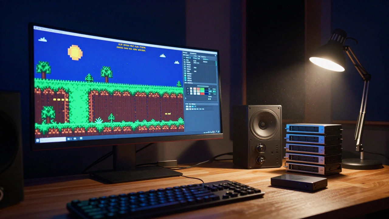 Monitor showing retro game graphics next to hard drives