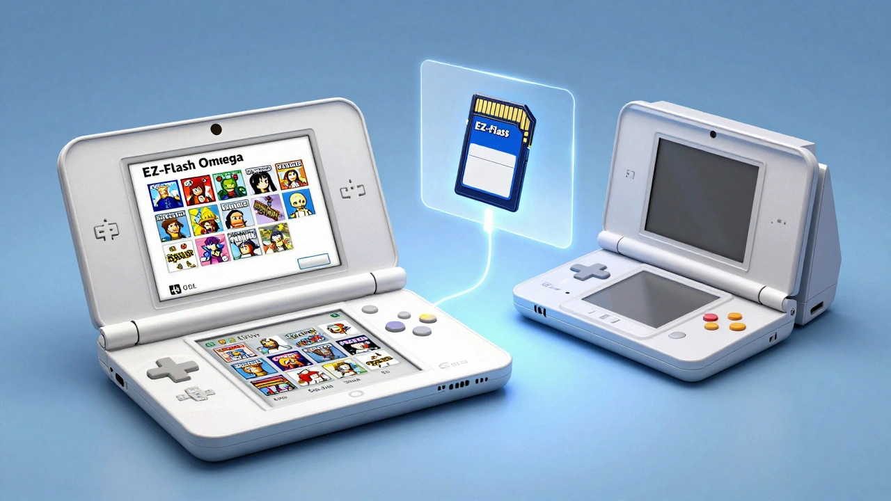 Nintendo DS displaying EZ-Flash menu with hundreds of game thumbnails, microSD card floating above with glowing data streams connecting to consoles.