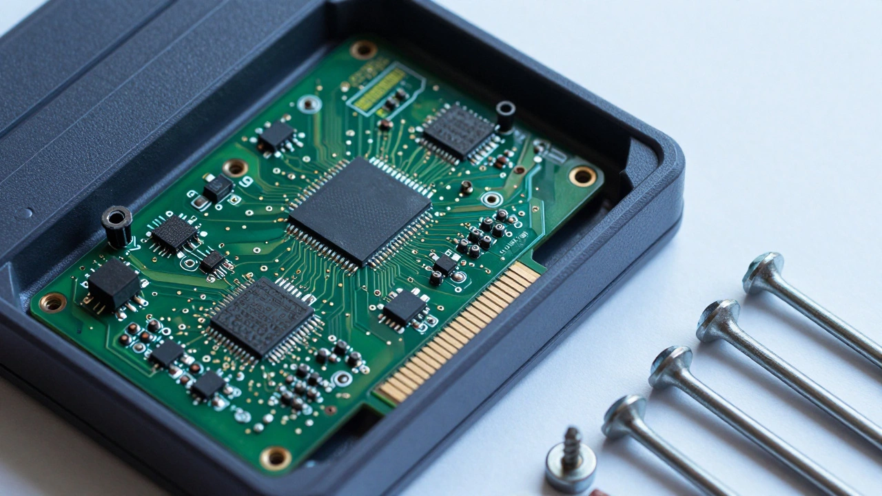 Opened cartridge shell revealing internal circuit board and screws.