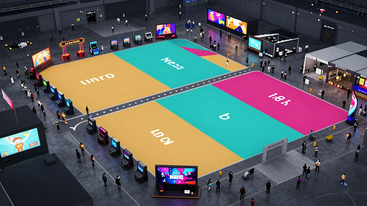 Overhead view of a video game expo floor with color-coded zones and an optimized walking route marked by dots.